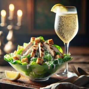 Chicken Caesar Salad and non-alcoholic wine