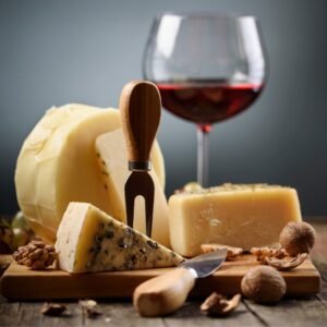 non alcoholic red wine and cheese