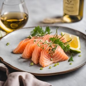 salmon sashimi paired with white non-alc wine