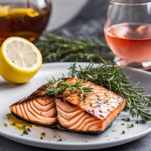 Salmon with lemon, honey, fresh thyme with glass of non alcoholic wine.