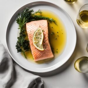 poached salmon with dill sauce with non alcoholic wine