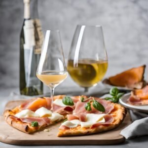 Non Alc Wine with Prosciutto and Melon Pizza