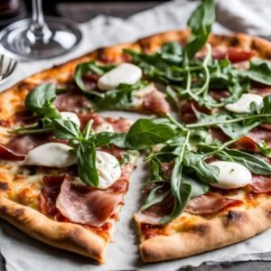 zero alcohol wine with prosciutto and arugula pizza