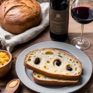 non alcoholic wine paired with low-carb sourdough with cheddar and olives