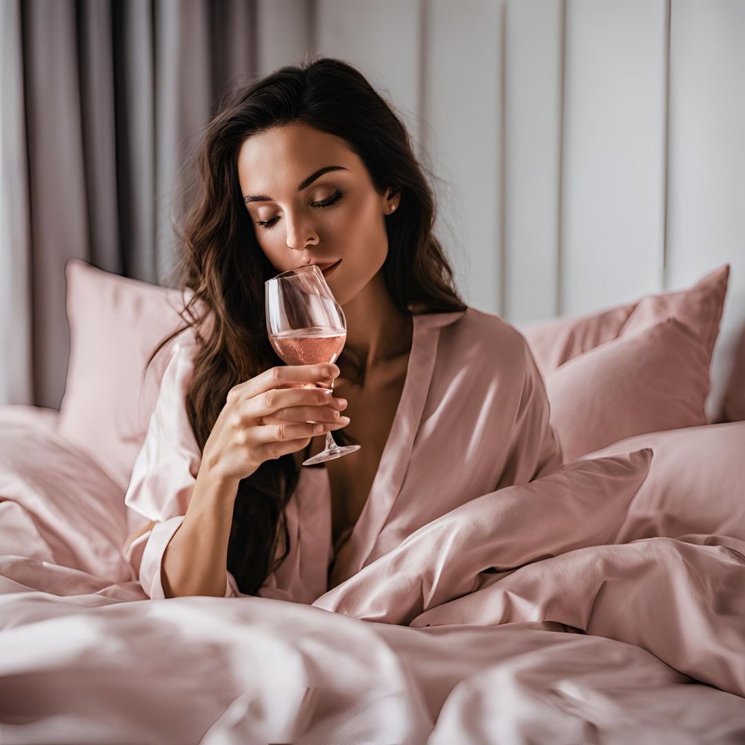 woman drinking ONES non alcoholic sparkling wine in bed.