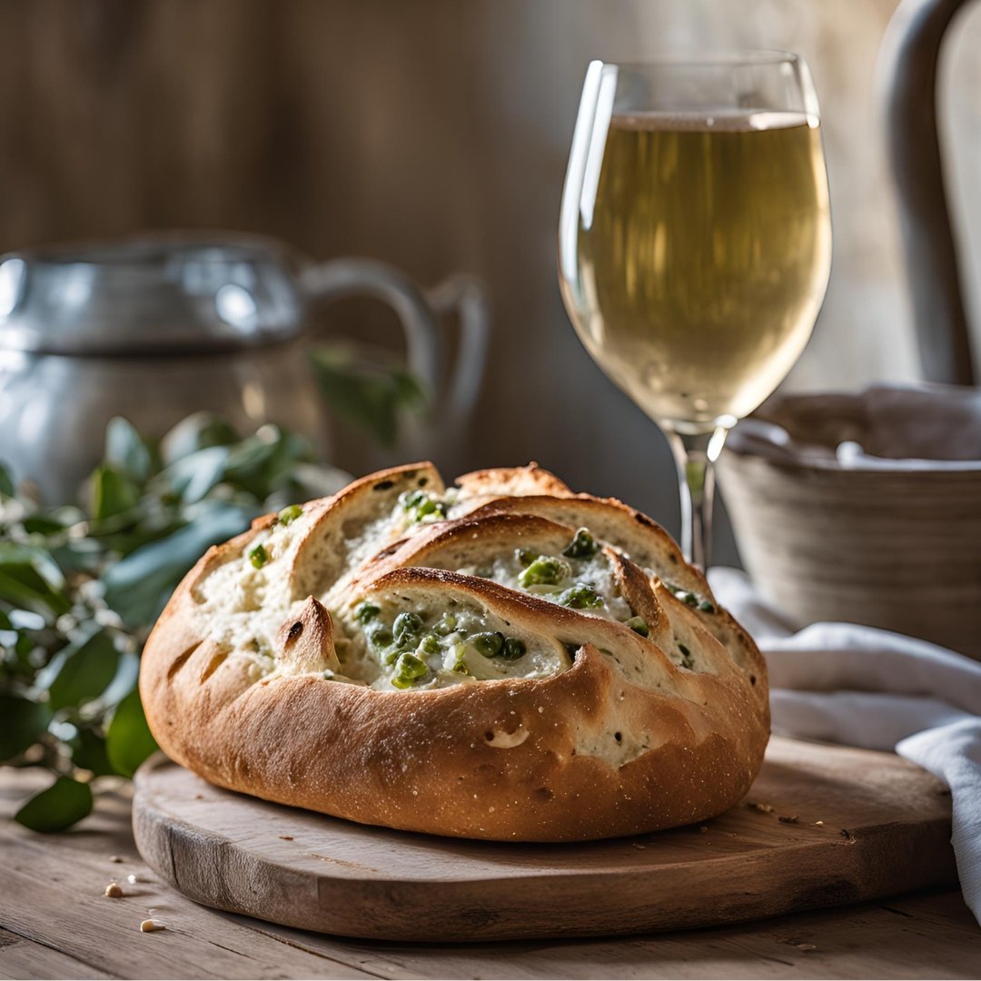 non alcoholic wine with Feta and Green Olive Low-Carb Sourdough