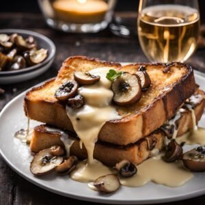 non alcoholic sparkling wine with keto French toast with onions and swiss cheese