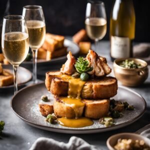 NA sparkling wine with Keto French toast with chicken and mustard sauce