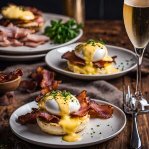 non alcoholic sparkling wine with eggs benedict and bacon