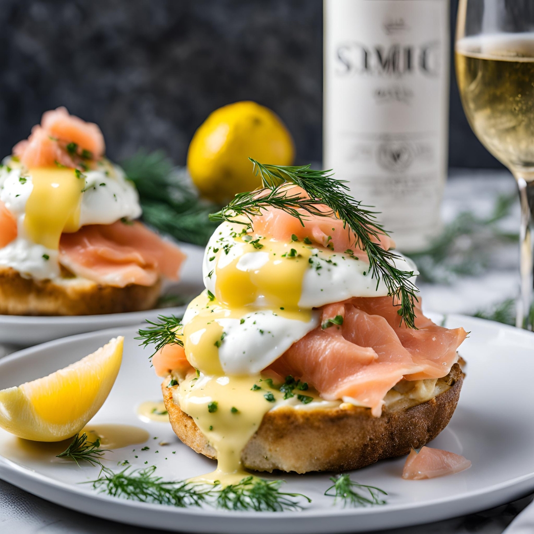 non alcoholic sparkling wine with smoked salmon and dill eggs benedict